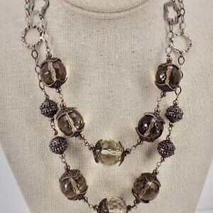 European 800 Silver Necklace Huge Smokey Multifaceted Double Strand Topaz Stones